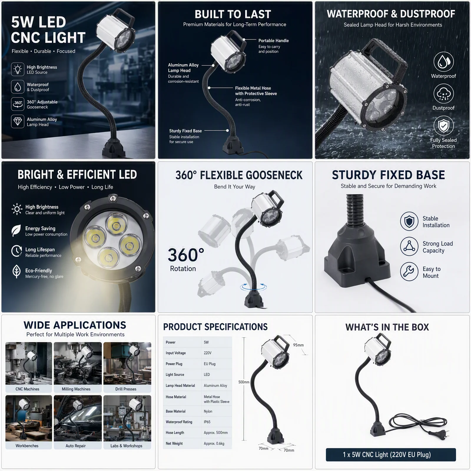 Lampada da lavoro a LED CNC da 5W, 700LM, con braccio flessibile, supporto per lampada e interruttore impermeabile per l'illuminazione di macchine utensili industriali.