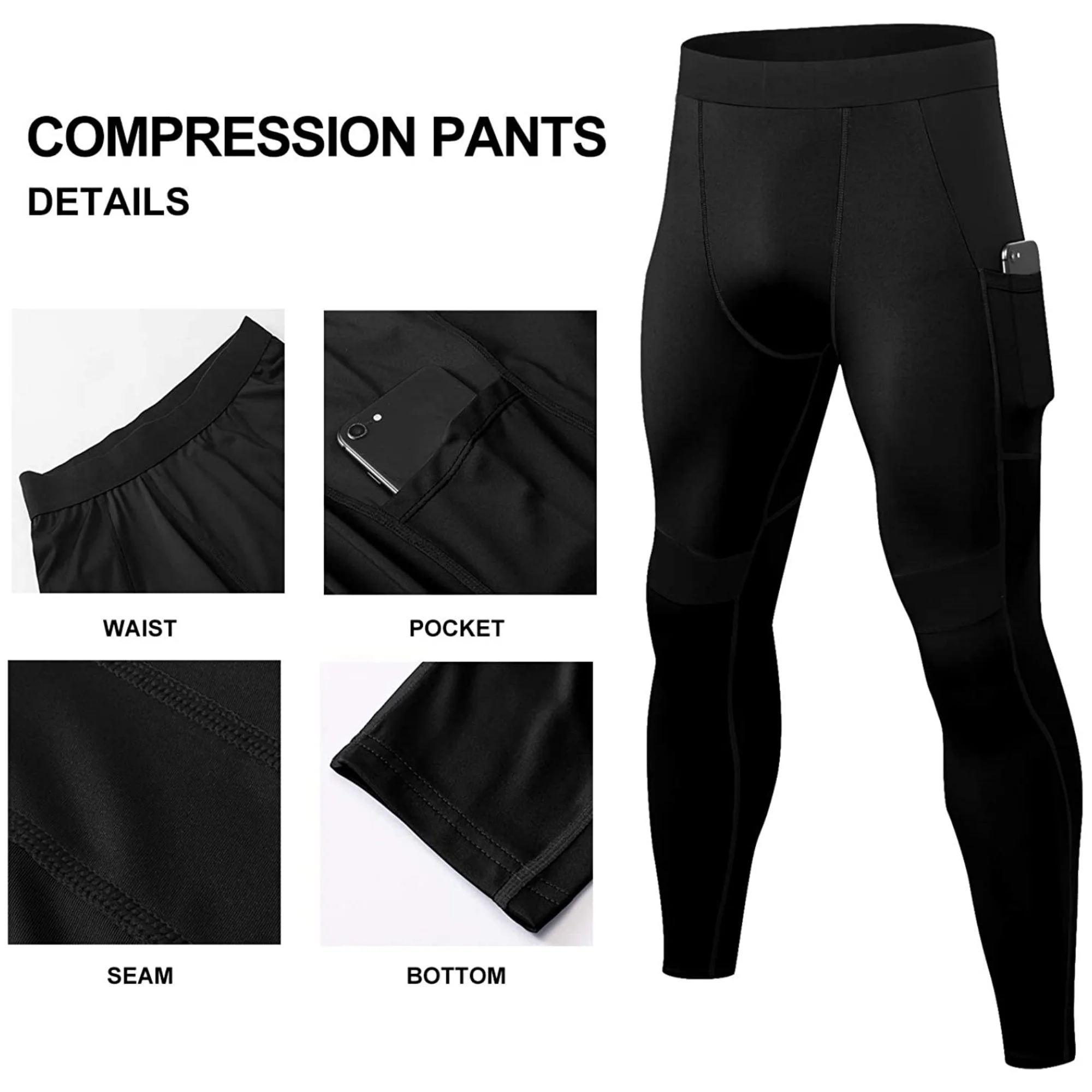 Men's Cool Dry Compression Pants with Pockets Workout Leggings Running Tights Cool Dry Athletic Sports Gym Baselayer