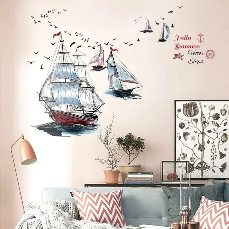 Modern Sailboat Ship Seagull Wall Stickers Living Room Bedroom Waterproof Removable Art Decals Mural