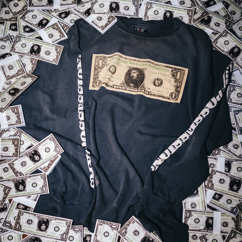 Vintage Dollar Bill Print Cotton Long Sleeve T-Shirt round Neck Youth Fashion 2023 Autumn Standard Fit Men's Short Sleeve Tee