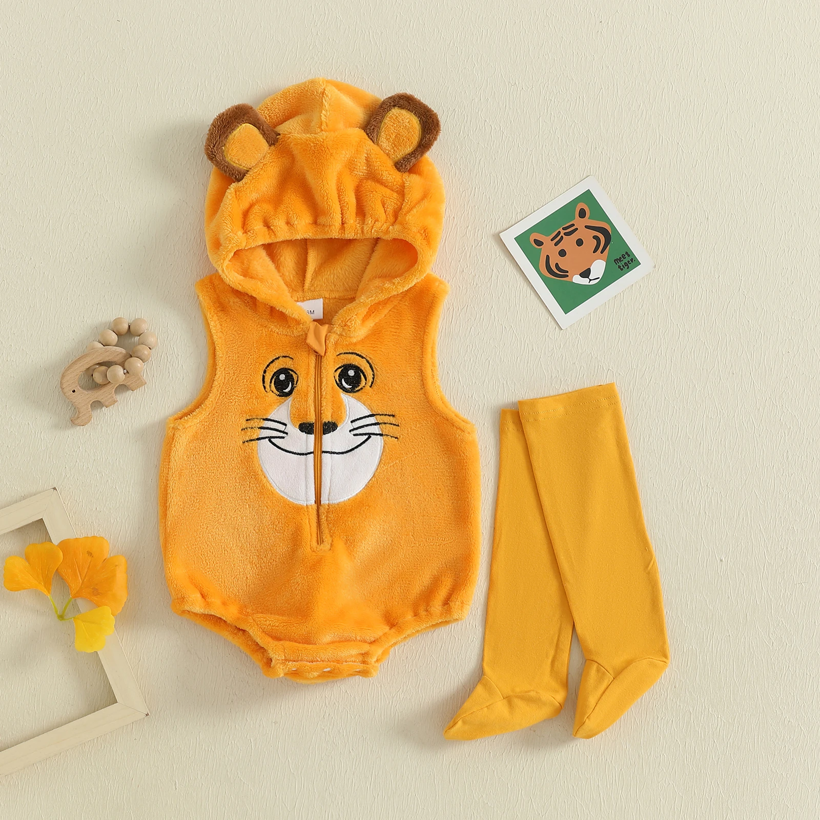 Tregren 0-18M Infant Baby Boy Girl Tiger Costume Fleece Sleeveless Hooded Jumpsuit with Stockings Halloween Cosplay Clothes