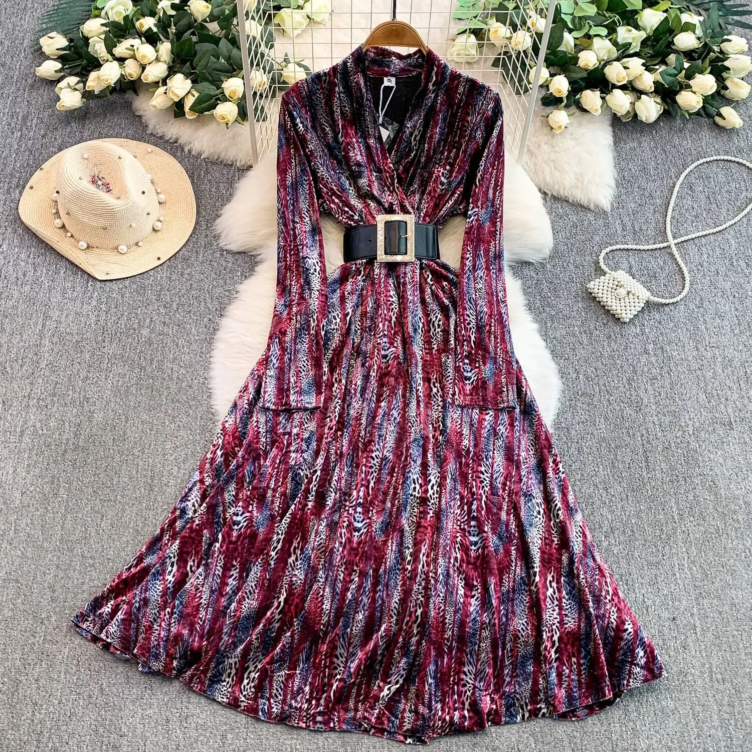 Chic vintage velour leopard slim dress Elegant Fairy korean fashion sundress autumn women clothing