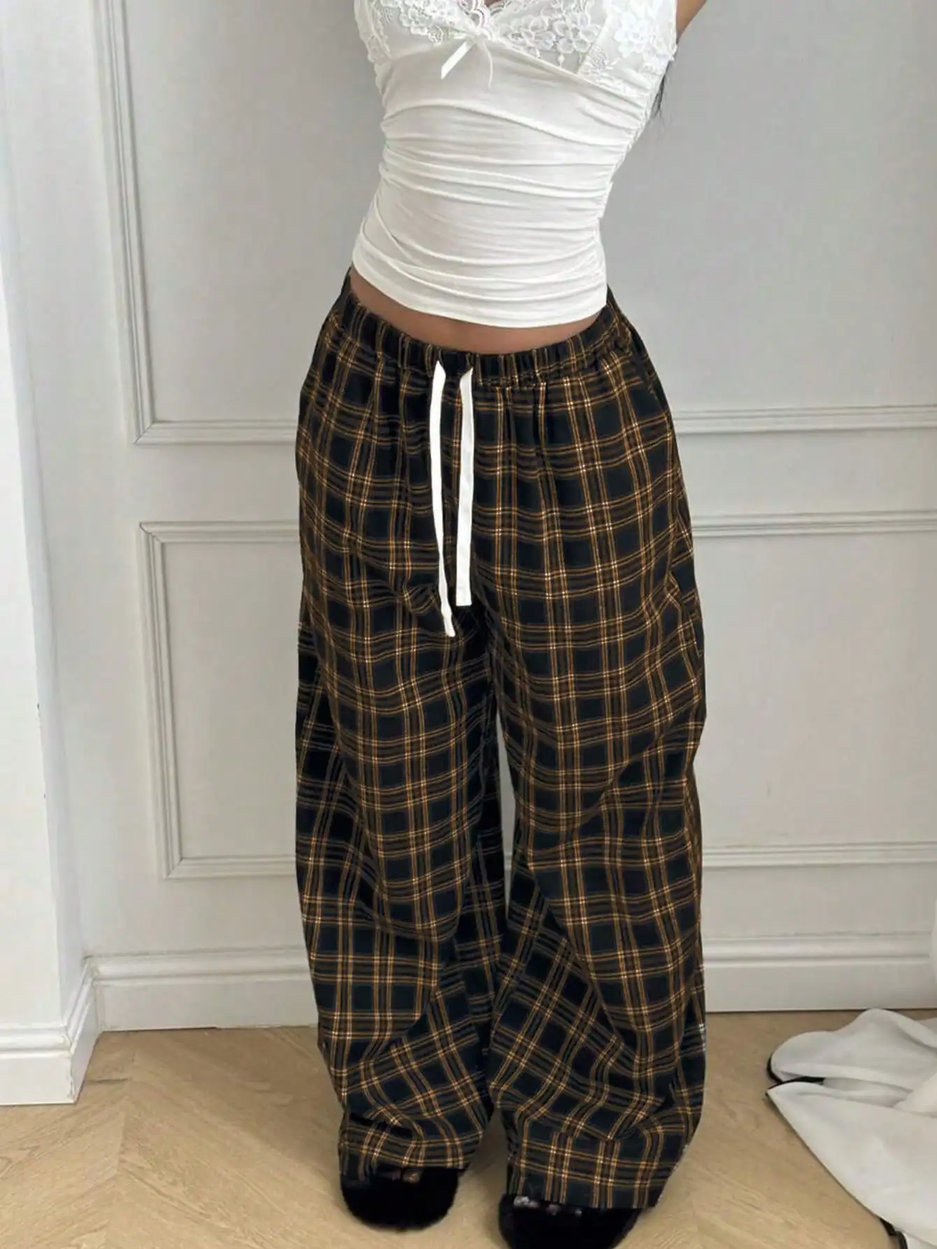 Sommer Schnelltrocknende Weite Lange Hose Unisex Marineblau-Weiß Kariertes Muster mit Kordelzug Lose Y2K Alltags-Casual-Streetwear-Hose – Detail 5