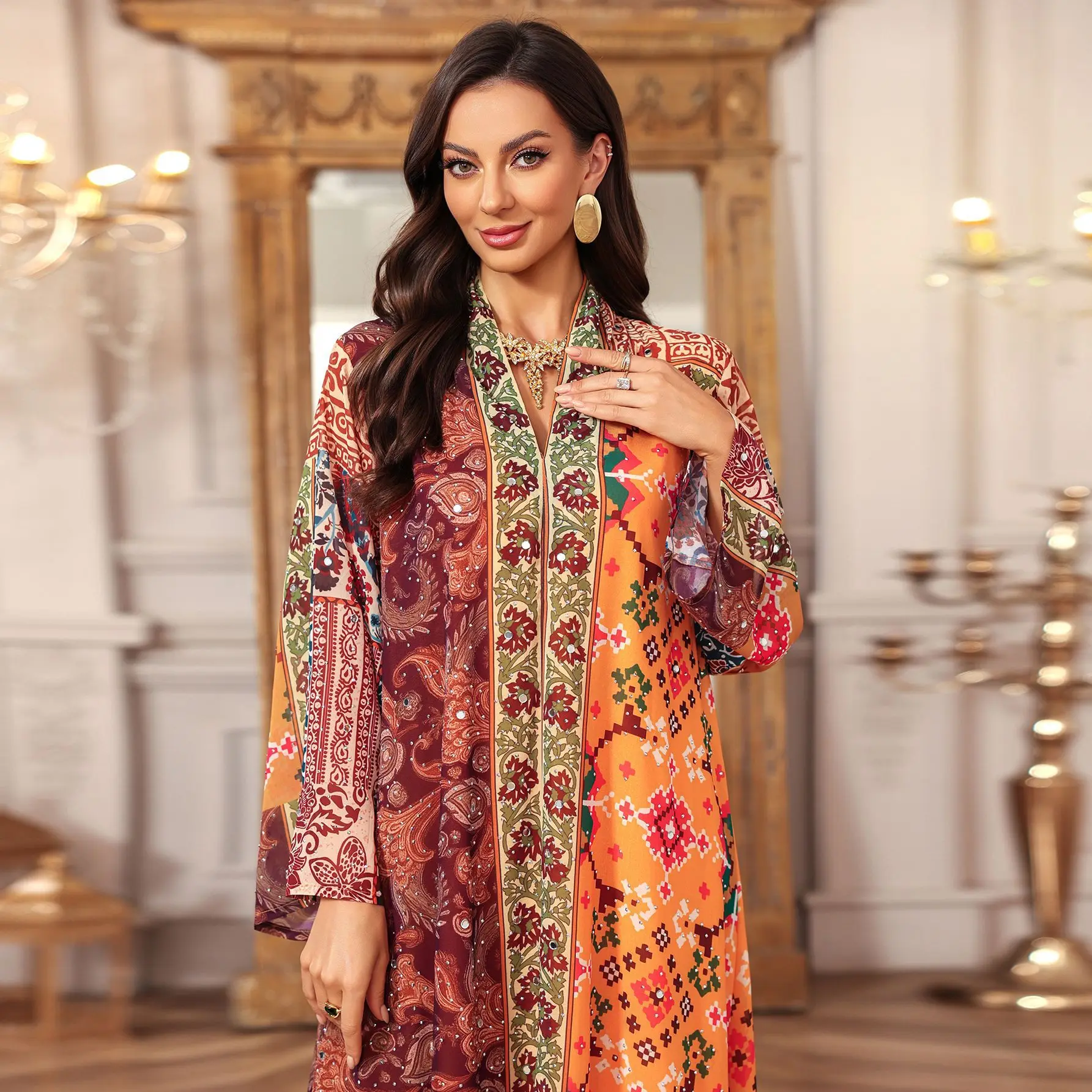 Abaja Damska Sukienka na Eid Muzułmańska z Nadrukiem Diamentowa Dubaj Turcja Długa Sukienka Vestidos Largos Ramadan Maroko Kaftan do Modlitwy Szata Abaje