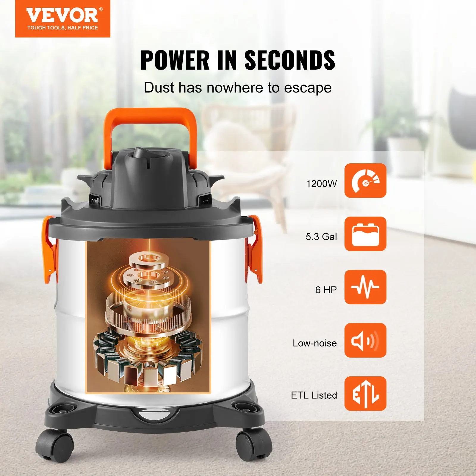 VEVOR Stainless Steel Wet Dry Shop Vacuum, 5.3 Gallon 6 Peak HP Wet/Dry Vac, Powerful Suction with Blower Function w/Attachment