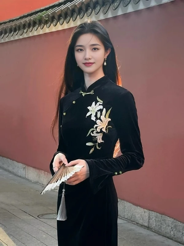 

Новое бархатное платье Ципао в китайском стиле для повседневного улучшения отдыха, темпераментное ретро-платье Ципао, изящное теплое платье с вышивкой