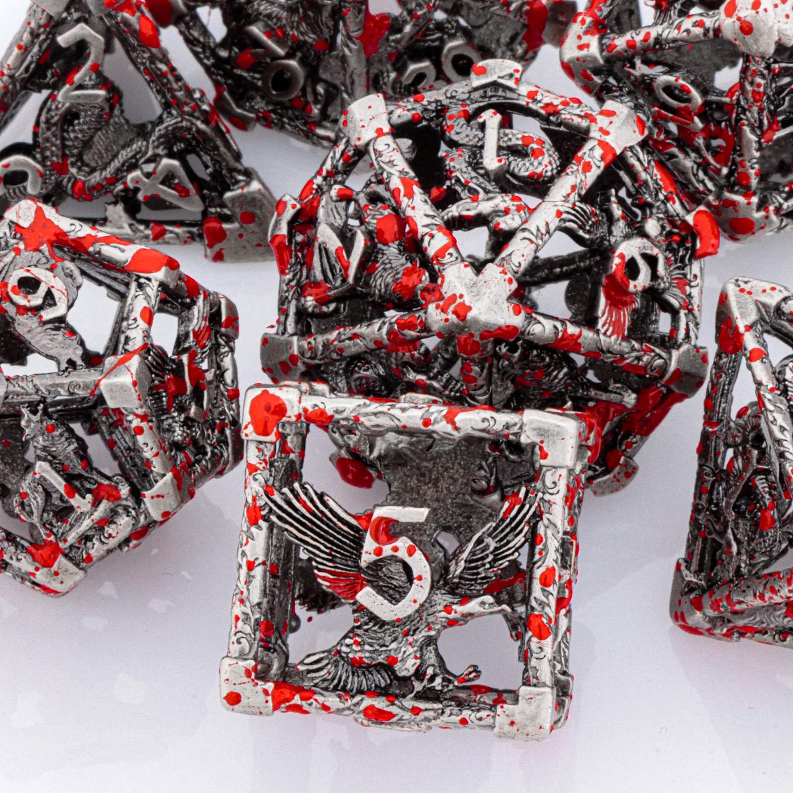 

MUNDice Hollow Dice for DnD, Metal D&D Dice Set, Blood Spatter Dice for RPG, Polyhedral Dice for Dungeon and Dragon