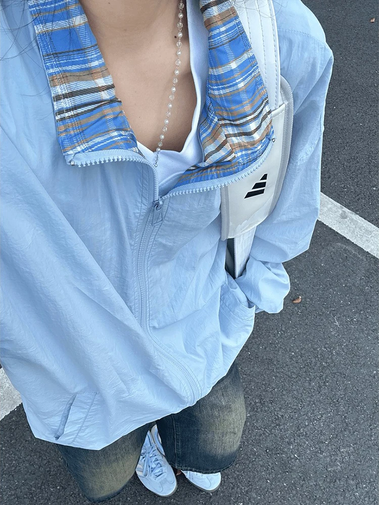 

Light Blue Plaid Splice Men's Lightweight Summer Ice Silk Qui Dry Jaet Outerwear Couple's American Sle Sun Protection C...