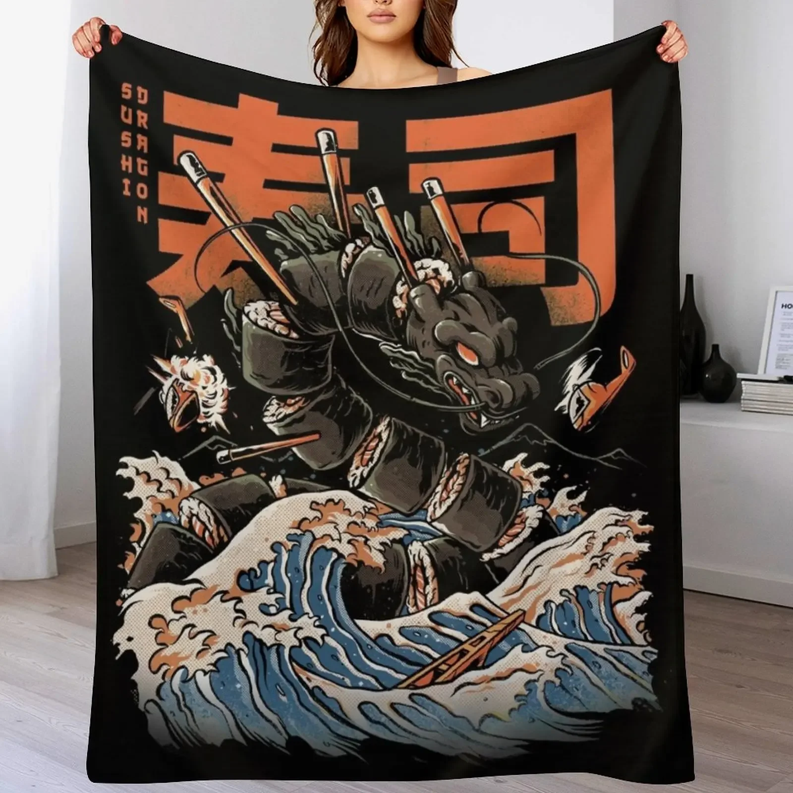 

The Black Sushi Dragon Throw Blanket Furrys Multi-Purpose Luxury Brand valentine gift ideas Blankets