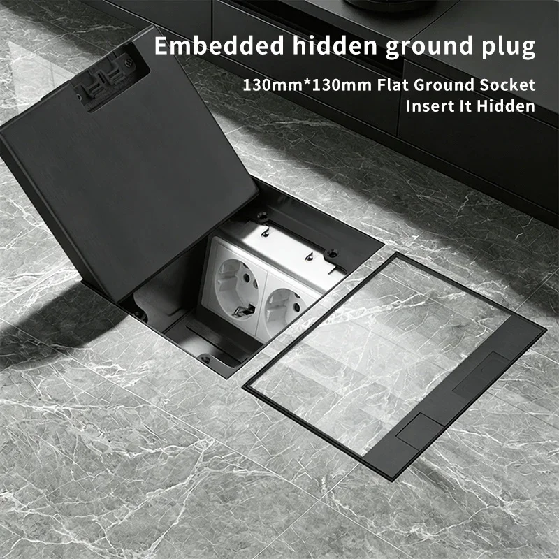 130130mm Black Panel Floor Socket Pop Up Type Heavy Duty Hidden Ground Socket Multifunctional Power Outlet For Conference Room C