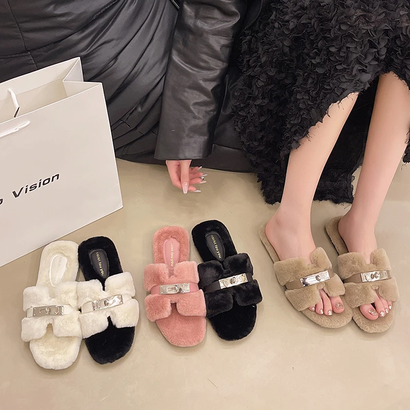 Leisure Fluffy Fur Slippers Women Warm Plush Flat Women Shoes Letter Platform Furry Slippers Shoes Zapatos De Mujer