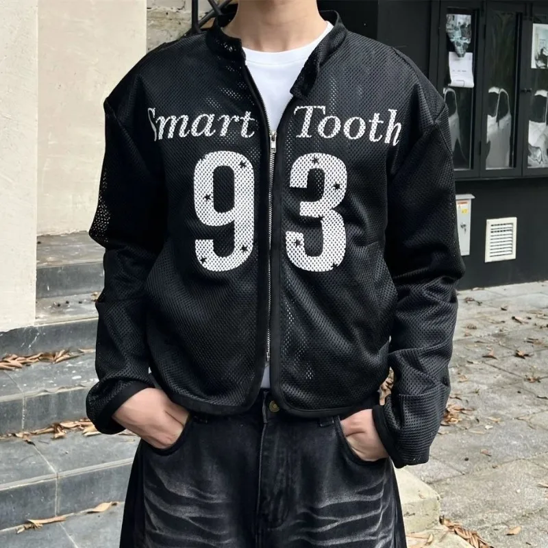 

American Letter Printed Mesh Jacket for Men's Short Retro Black Padded Shoulder Jacket Unisex High Street Motorcycle Cool Coats