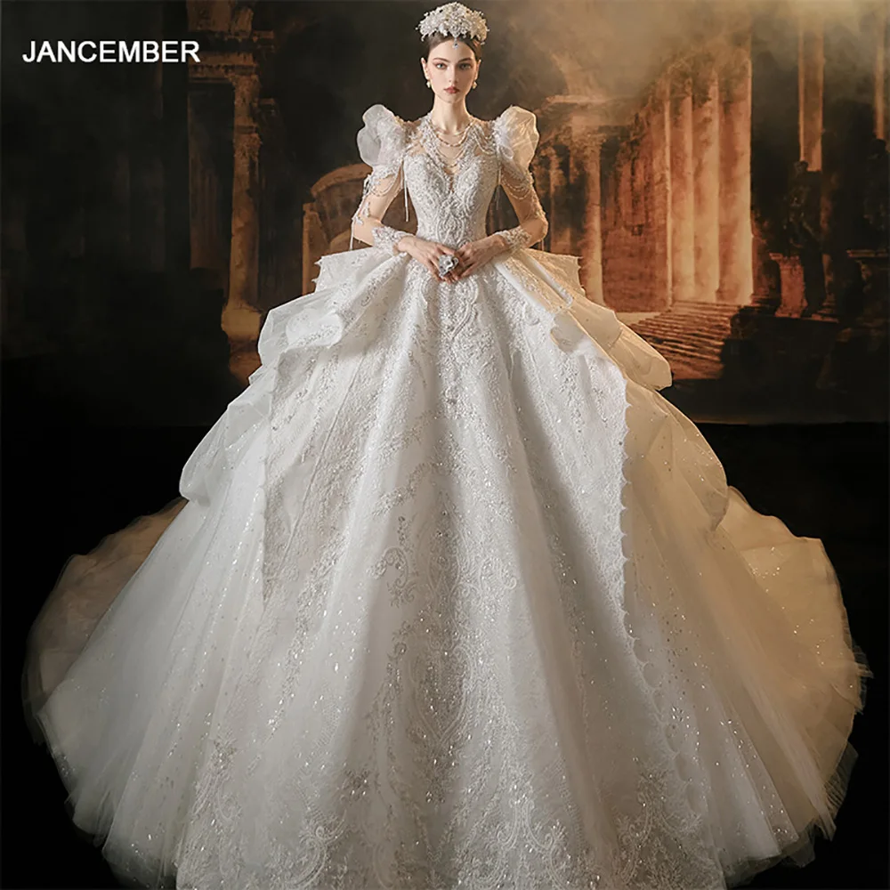 

Jancember Exquisite Factory Wholesale Wedding Dress Ball Gown V-neck Full Sleeves Tassel Beading Illusion Robe Mariage LSMX021