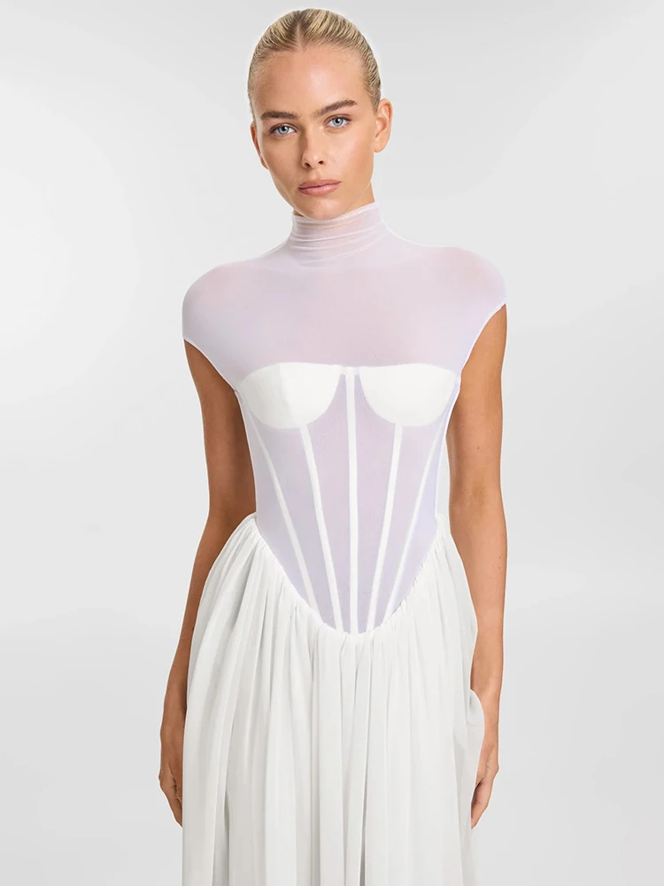 VC romantique éthéré col haut inspiré de la mariée robe longue blanche transparente pour robe de soirée de mariage