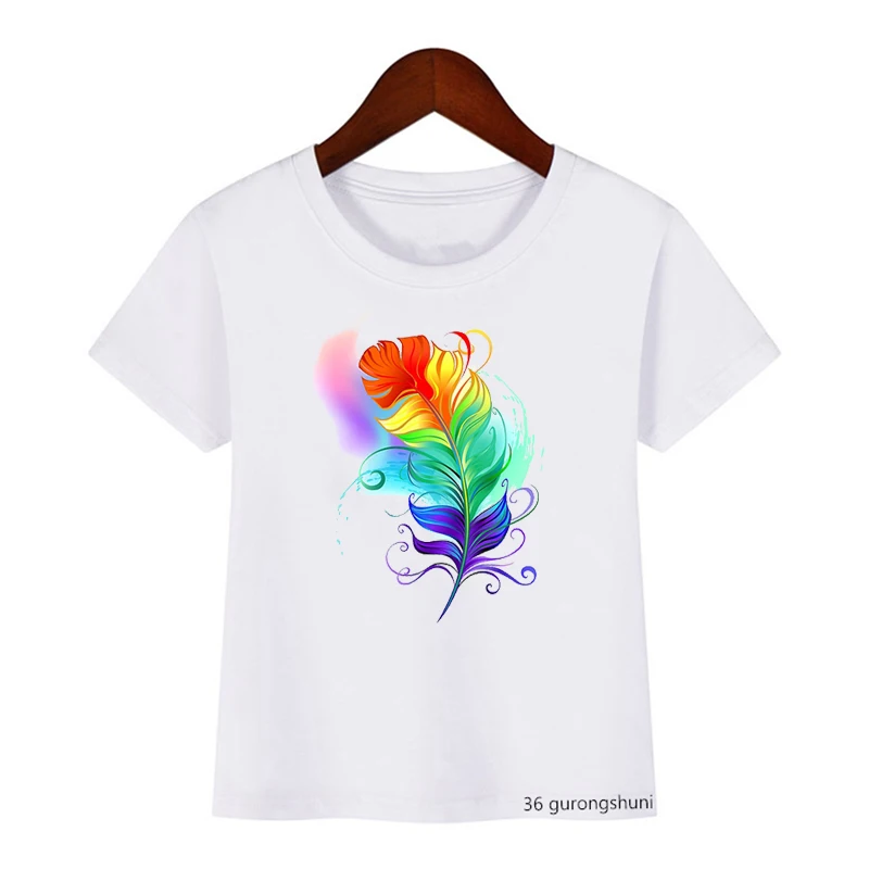 T-Shirt For Boys/Girls With Rainbow Feather Watercolor Paint Phoenix Print Kids T-Shirts Summer Boys Girls Universal Tshirt tops