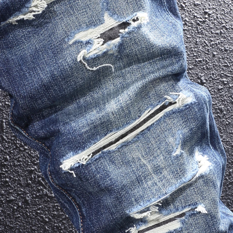 Street Designer Fashion Men Jeans High Quality Retro Blue Stretch Slim Fit Ripped Jeans Patched Vintage Y2K Denim Pants Hombre