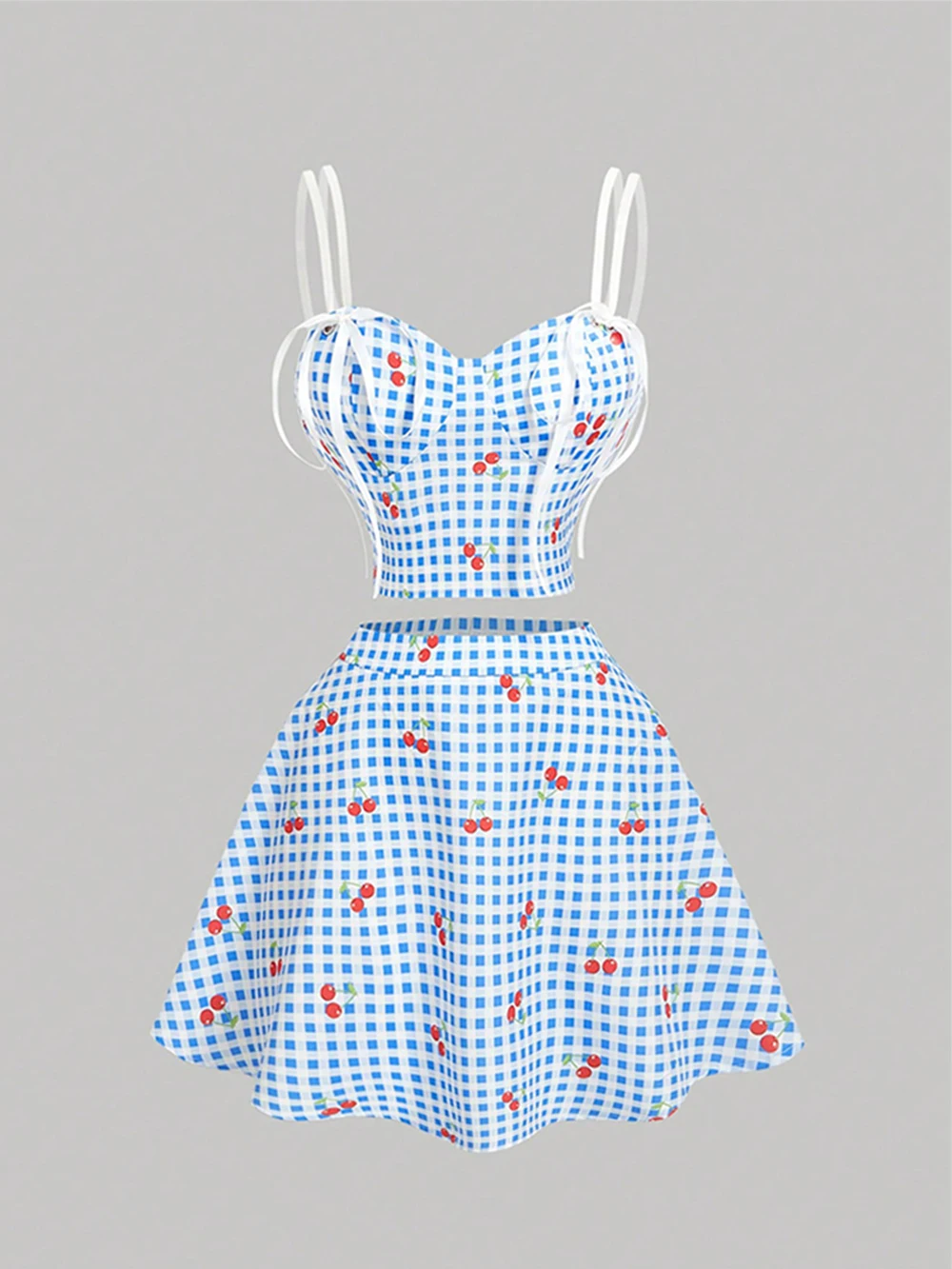 Set minigonna a canotta con stampa ciliegia a quadretti blu e bianchi da donna: top a canotta + minigonna svasata, dolce abito da vacanza retrò