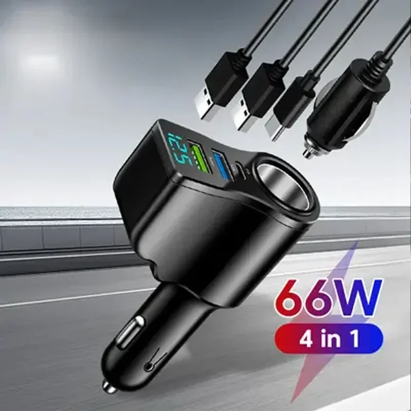 Neue Digitalanzeige Auto Schnellladung Dual USB Autoladegerät Auto Ein bis Drei Zigarettenanzünder 66W Auto Multifunktionsladegerät