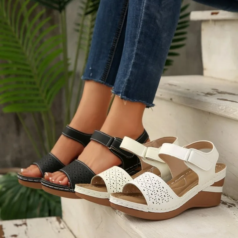 

Women's Sandals Open Toe Mid Heel Wedge Perforated Upper Hook Loop Casual Summer Fashion Contrast Stitching Dressy Footwear 2026