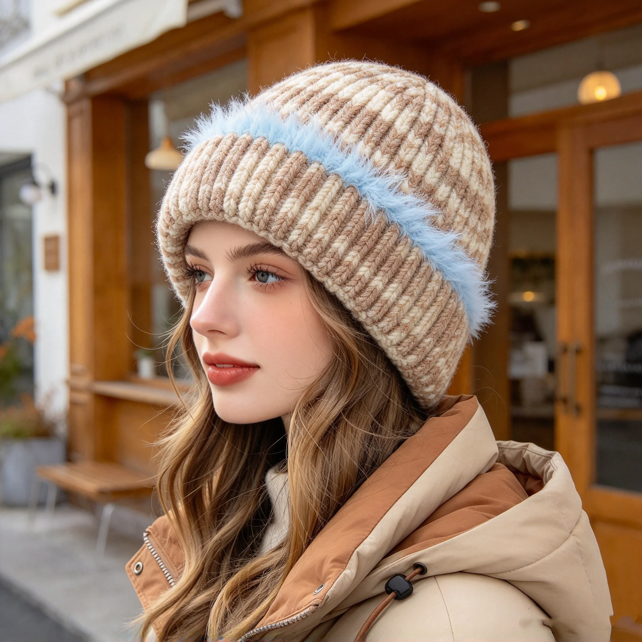 Women's Colorful Mixed Yarn Knit Beanie Hat with Plush Elasticated Brim, Suitable for Autumn and Winter Outdoor Cold Protection, Stylish Color-Blocking Pullover Winter Hat, Available in Multiple Colors