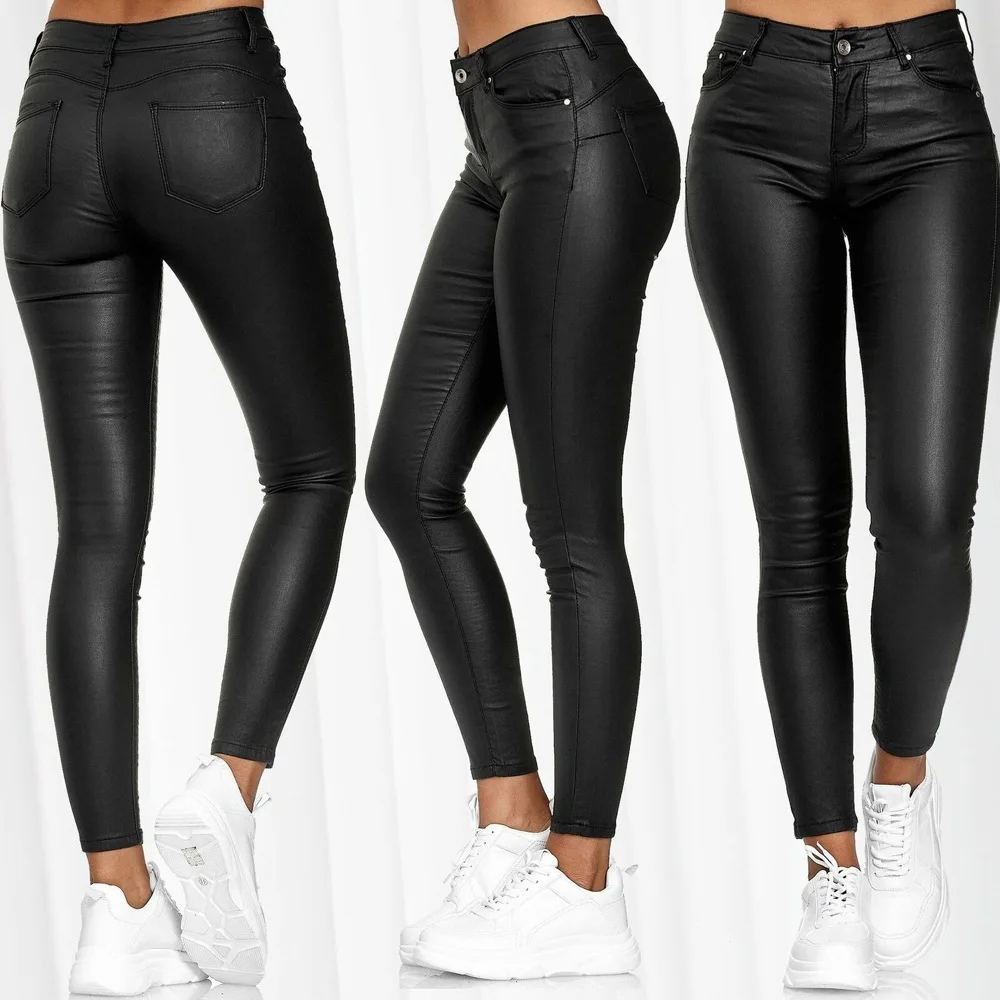 High Waist Pure Color Leather Casual Pants Slim Fit PU Leather Long Trousers Women's Fashion Comfortable Stretchy Bottoms