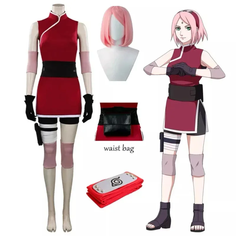 New 2026 ♥ Haruno Sakura Cosplay Wig Women Girls Skirt Outfit Ninja Headband Props Anime Halloween Carnival Costume ❤★☆★