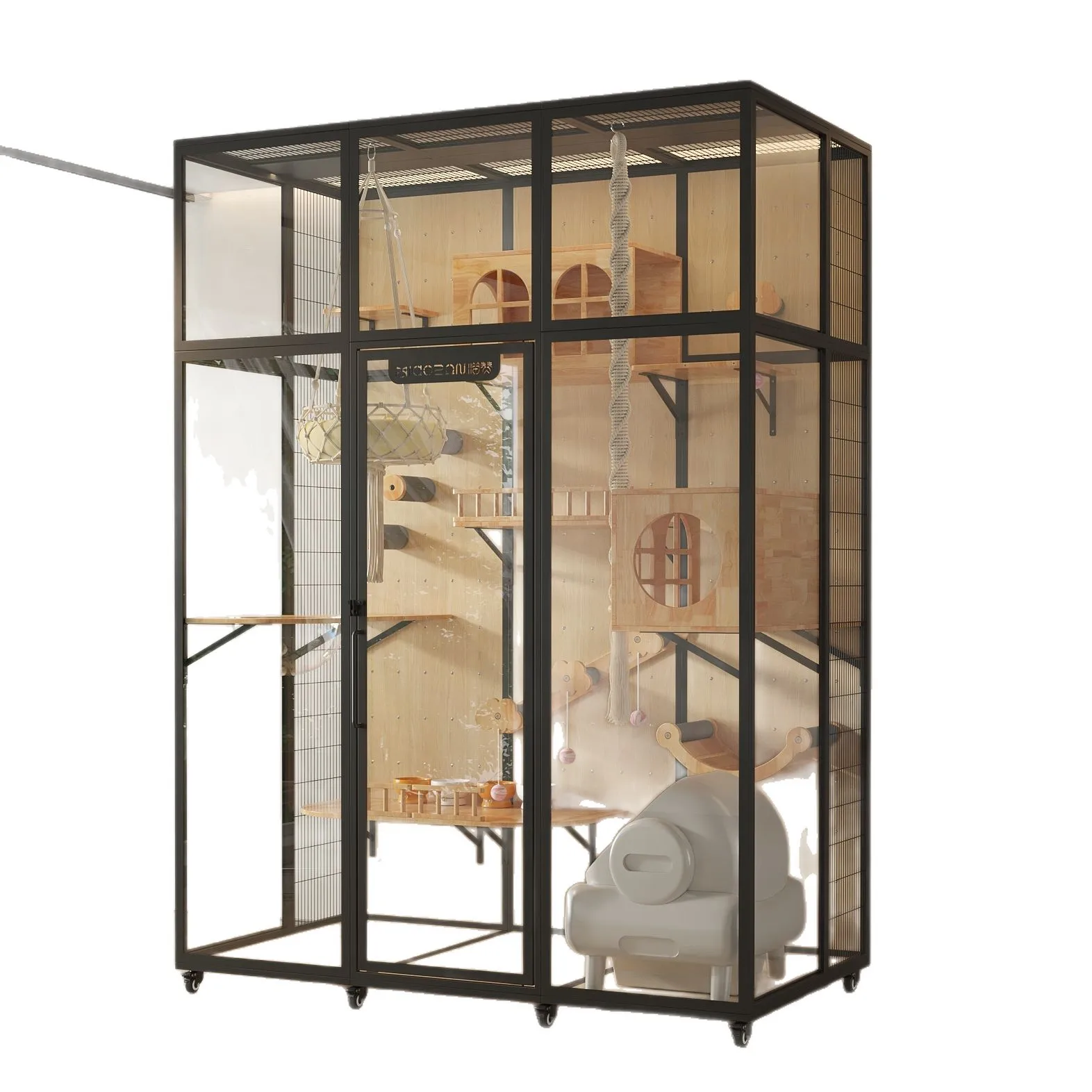 

Роскошная панорамная стеклянная клетка-вилла для кошек из массива дерева, домик-гнездо для питомца, панорамная стеклянная клетка для кошек