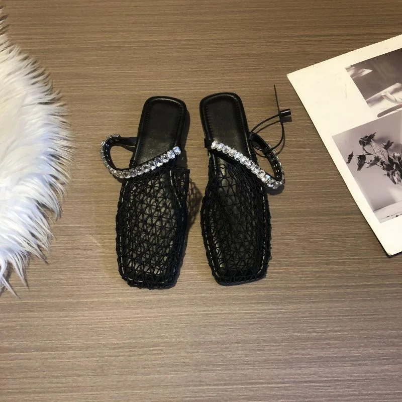 

2024 Square Toe Mesh Slippers Women Fashion Hollow Woven Slip On Ladies Summer Crystal Outdoor Beach Flats Slides Female Shoes