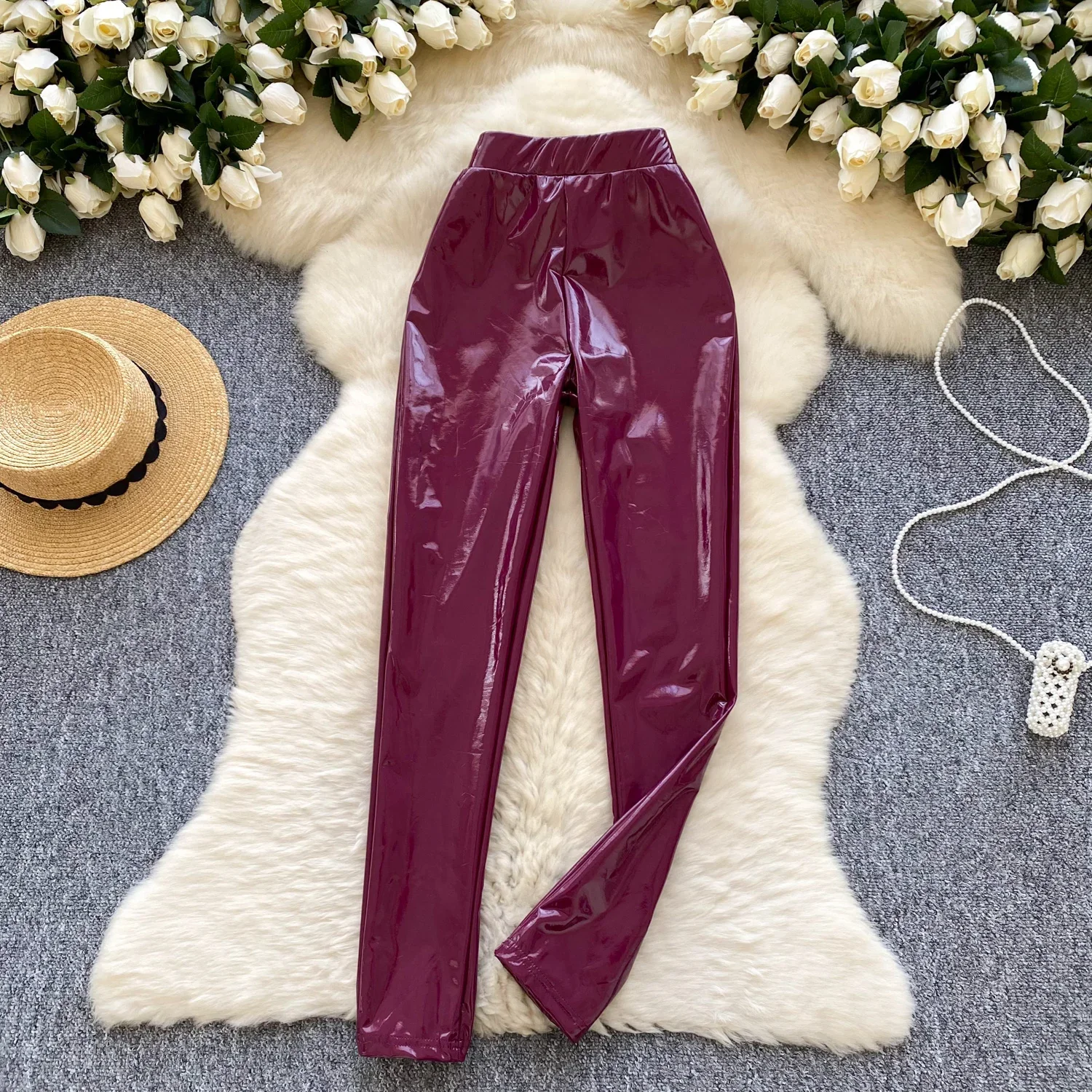 High street vintage cintura elástica cintura alta superfície brilhante calças lápis finas básico coreano couro do plutônio outono inverno roupas