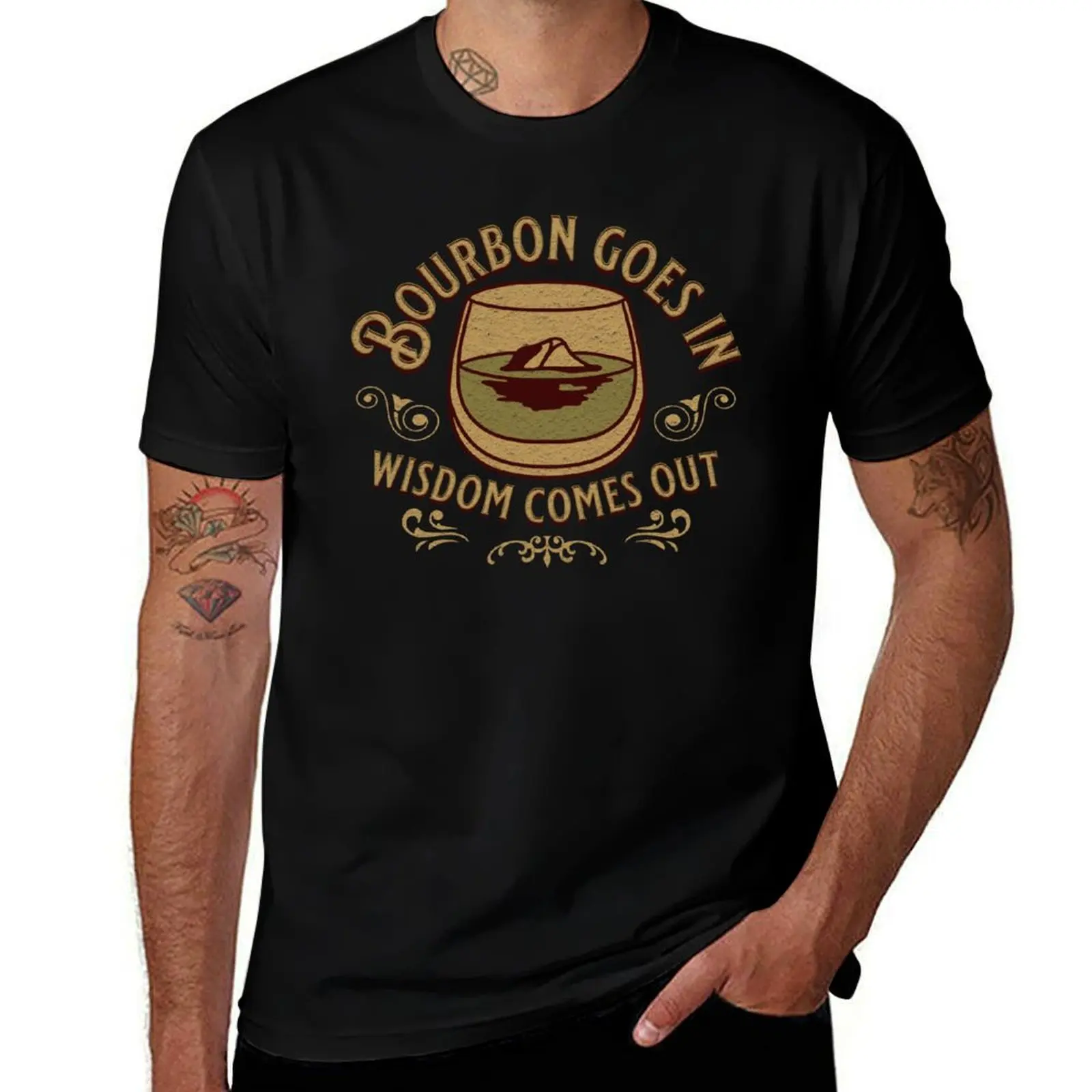 

Bourbon Goes In Wisdom Comes Out Bourbon Drinking Lover Gift T-Shirt funny meme t-shirts clothes mens cotton t shirts