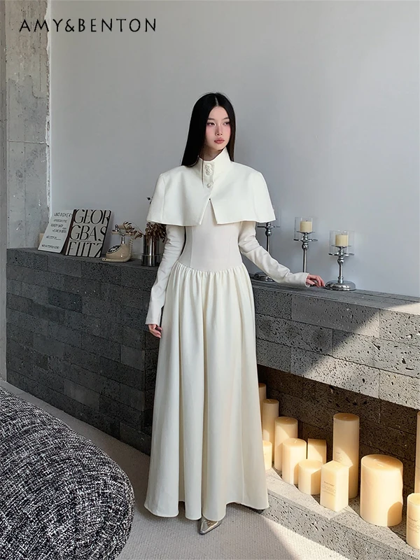 

Spring Autumn French Style White Stand Collar Short Cape Women's Commuting Party Square Neck Long Slim Fit Long Sleeve Dress