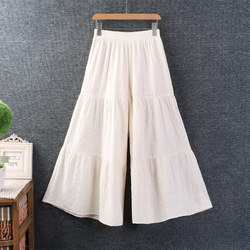 

Spring Summer Sweet Mori Girl Solid Color Embroidered Wide Leg Pants Women Elastic Waist Casual Loose Flare Pants