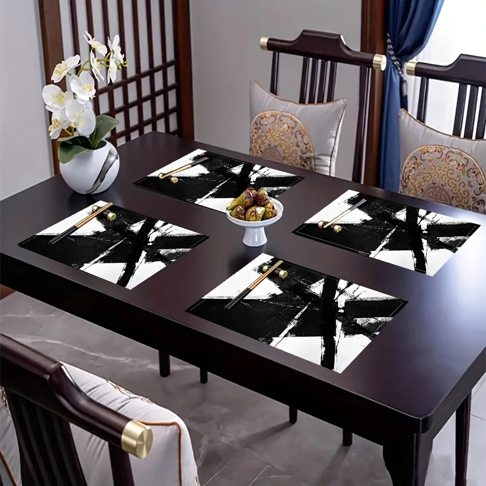 Abstract Black and White Brush Stroke Placemats Set Minimalist Dining Table  Washable Linen Texture Decor for Kitchen Home Decor