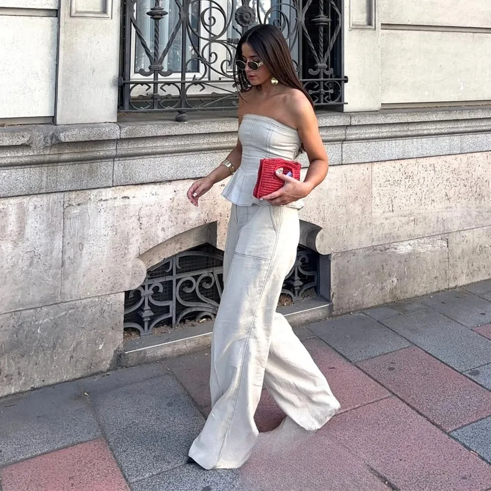 KONDALA Sexy Denim Women Suits Sleeveless Tube Tops High Waist Wide Leg Pants Fashion 2025 Autumn Holiday Suits Strretwear Set