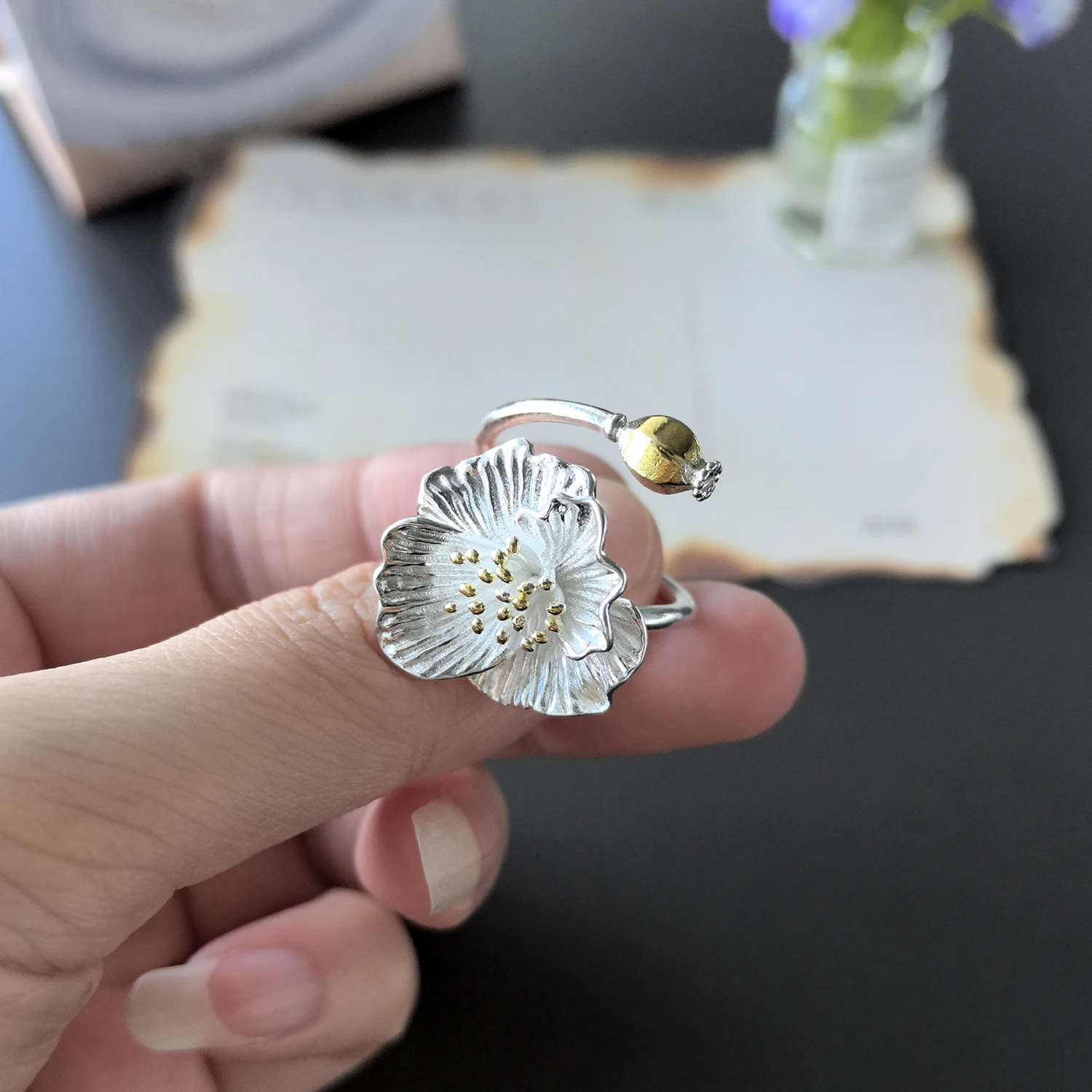 925 Sterling Zilver Open Vinger Ring Goud Kleur Elegante Bloemknop Asymmetrische Zoete Voor Vrouwen Sieraden Gift Dropship Groothandel