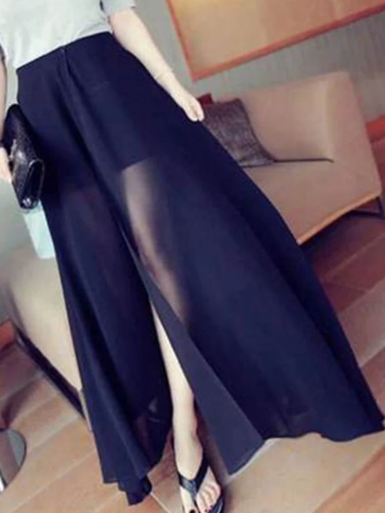 

Ele Long Chiffon Skirt with Slit High Waist Elastic Bla Tulle Sexy plus Size Women's Pants Skirt Summer New Sle