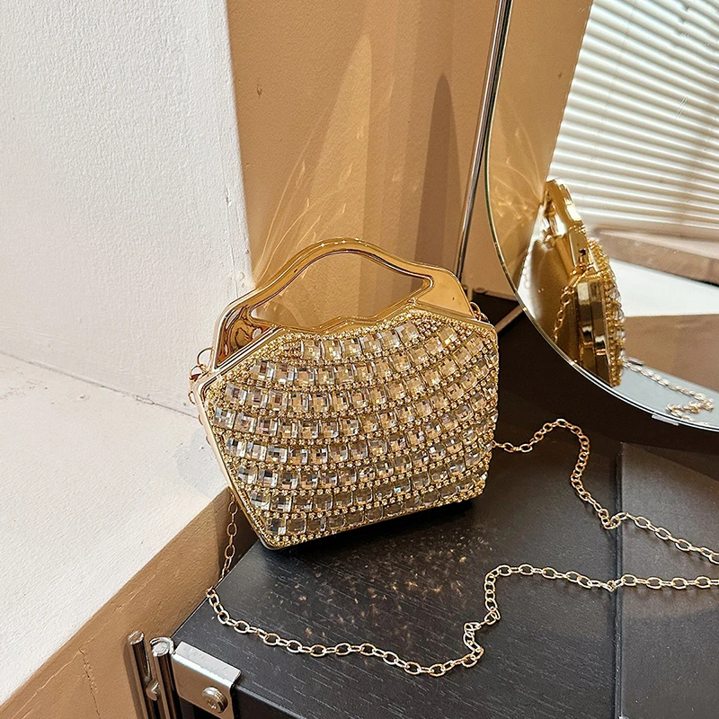 Glam Rhinestone Evening Bag Women Metal Frame Geometric Top Handle Detachable Chain Party Crossbody Clutch Handbag 2026 New