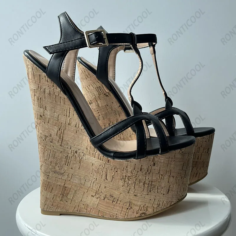 Ronticool Handmade Women T-strap Sandals Ultra High Wedges Heels Round Toe Classics Black Dress Shoes Ladies US Plus Size 5-15