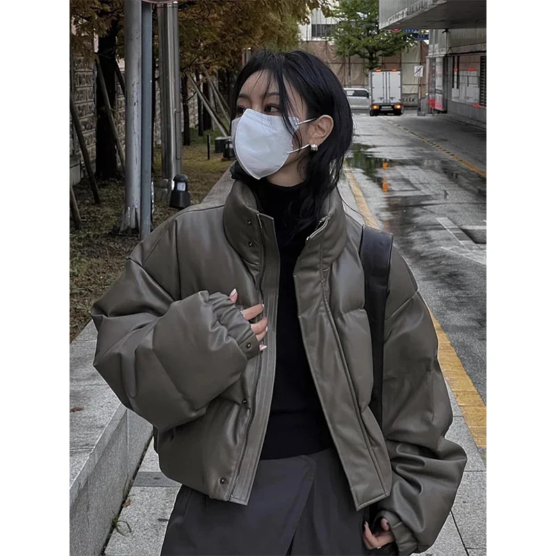 MEXZT Streetwear Short Parkas Women Cropped Pu Leather Cotton Padded Coat Winter Thick Puffer Jacket Korean Warm Down Outwear