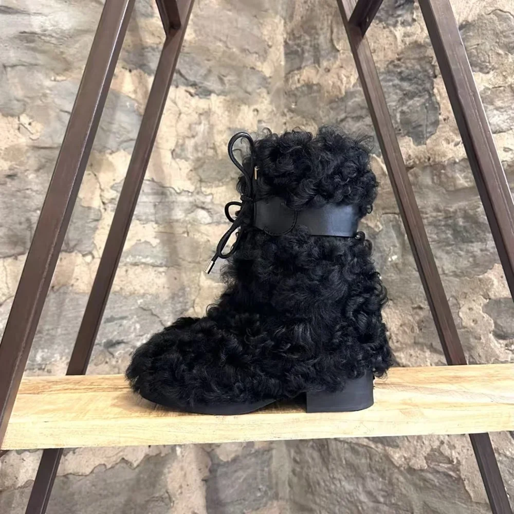 

Winter Fashion Black Curly Faux Fur Lace-up Ankle Boots Leather Strap Detail Chunky Block Heel Cozy Edgy Design Casual Outfits
