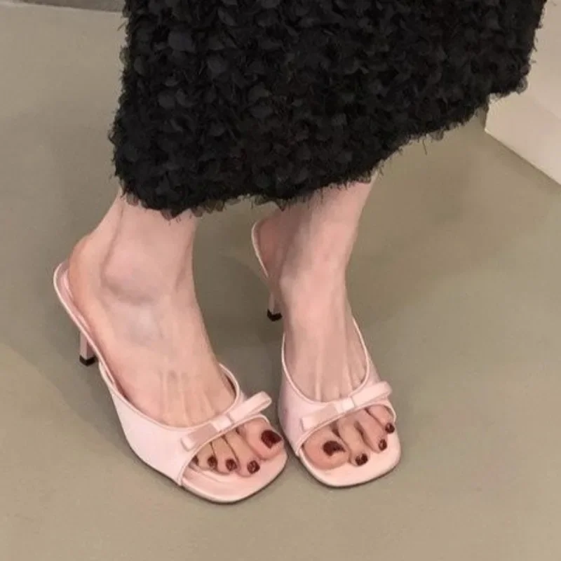 

Slipper Mules Low High Heels Shoes Summer Best Street Look Females Square Head Open Toe bow Strappy Sandals Women