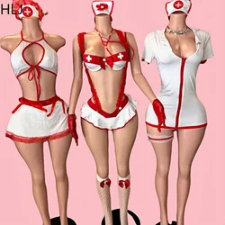 HLJ Sexy Lingerie Cosplay Two Piece Sets Outfits Women Hollow Lace Up Crop Top And Mini Skirts Clothing Lady Bow Bodycon Suits