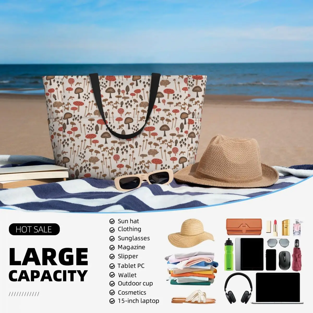 Borsa da spiaggia con motivo a fungo dipinto personalizzato per borse da viaggio da palestra da spiaggia con ampio scomparto da donna