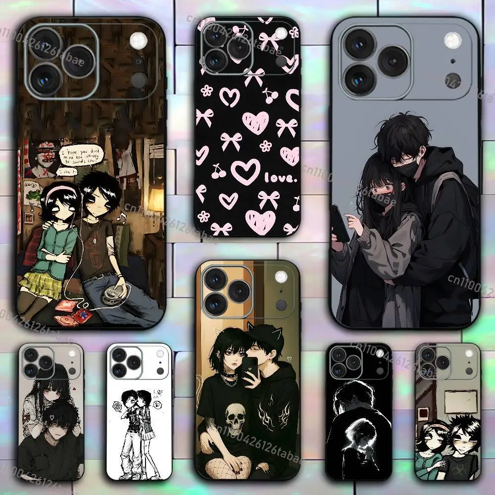 Love Black And Cute Emo Goth Phone Case For iPhone 17,16,15,14,13,12,11,X,XR,XS,Plus,Mini,Pro,Max Soft Black Shockproof Cover