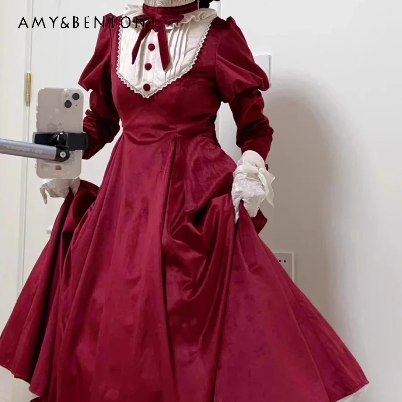 

2025 Autumn Winter New Wine Red Long Lolita Women's Dress New Year Christmas Vintage Slimming Plus Size Slimming Dresses Ladies