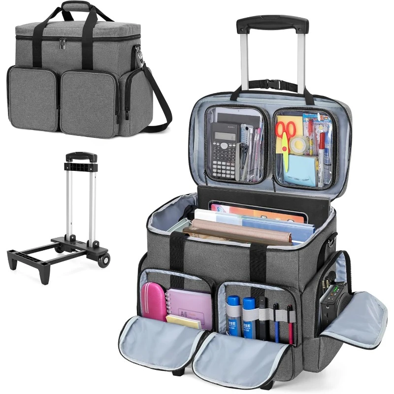 Laptop de até 15,6 polegadas, bolsa de professor com rodas para ensino, escritório, artesanato, sacola de professor com rolamento cinza