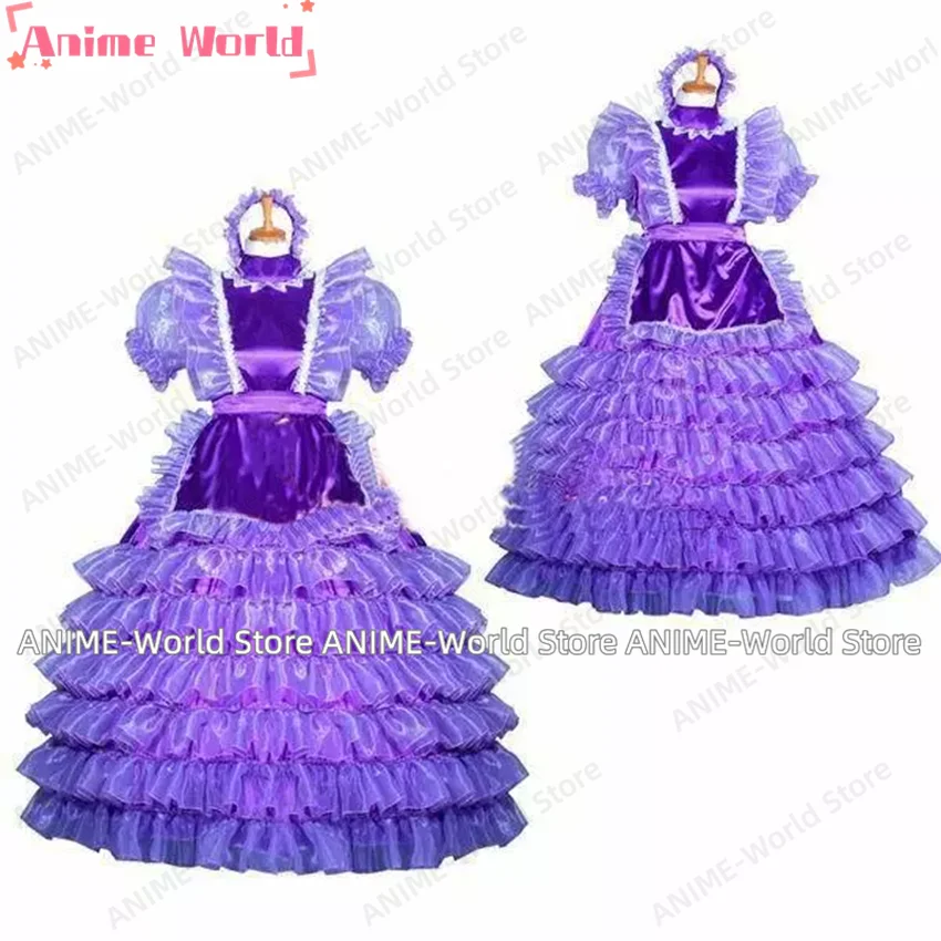 

《Custom size》Sissy Lockable Purple Satin Sheer Tulle Dress Sexy Maid Outfit Cosplay Festive Adult Custom Tailored Halloween