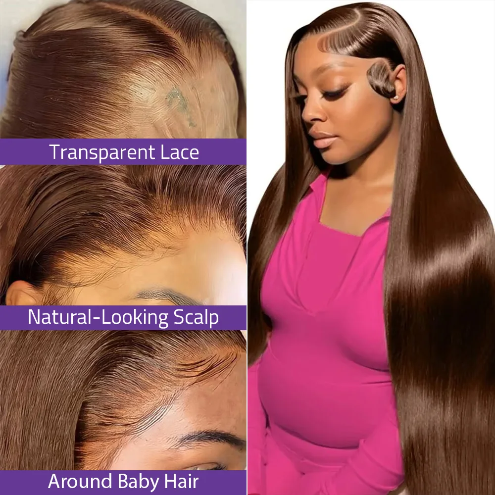 13x6 Hd Transparent Lace Frontal Wig Pre Plucked Chocolate Brown Straight 200 Density 13x4 Brazilian Lace Front Human Hair Wigs 46 Inches