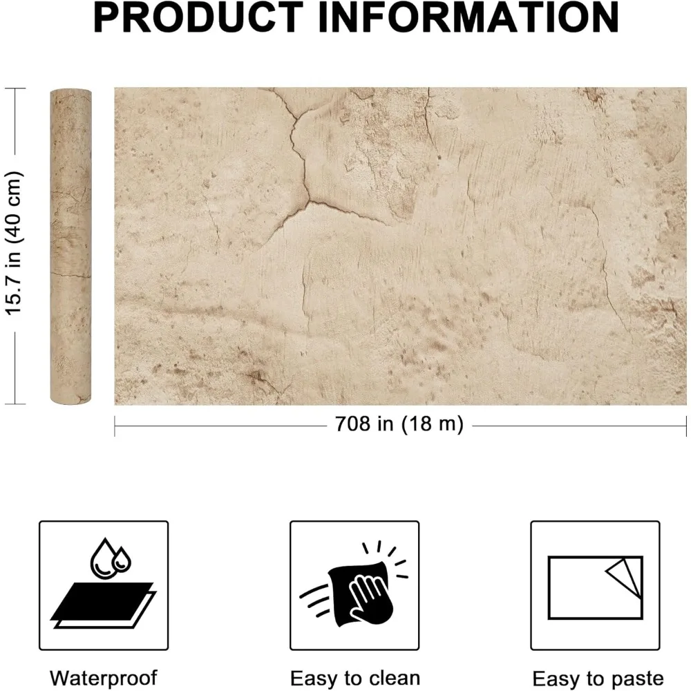 ورق جدران خرساني بيج غير لامع ثلاثي الأبعاد، سحب وعصا ذاتي اللصق، 23.6 × 708 بوصة، ورق اتصال مستوحى من الأسمنت لـ W