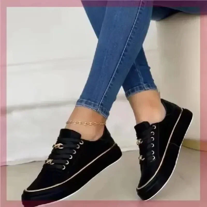 Sapatos vulcanizados plataforma para mulheres, cabeça redonda, sapatilhas com renda, tênis de couro, moda casual para senhoras, tamanho grande